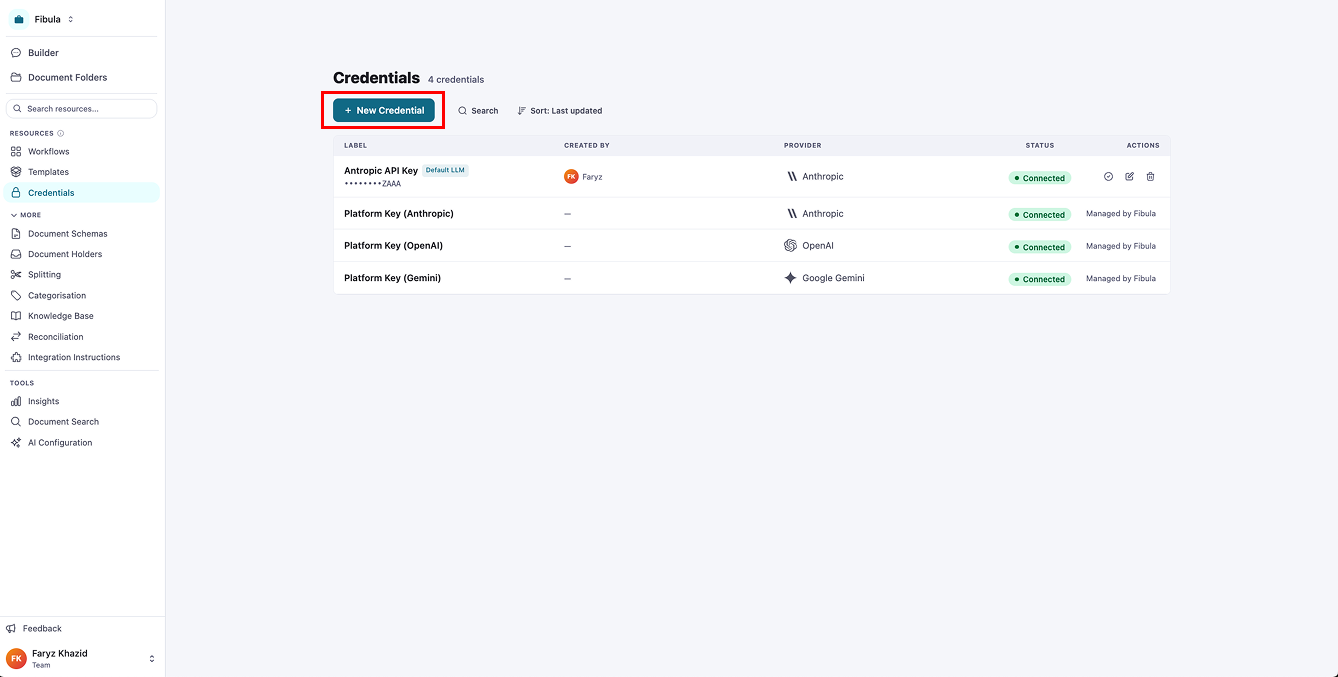 The Fibula Credentials page with the New Credential button highlighted
